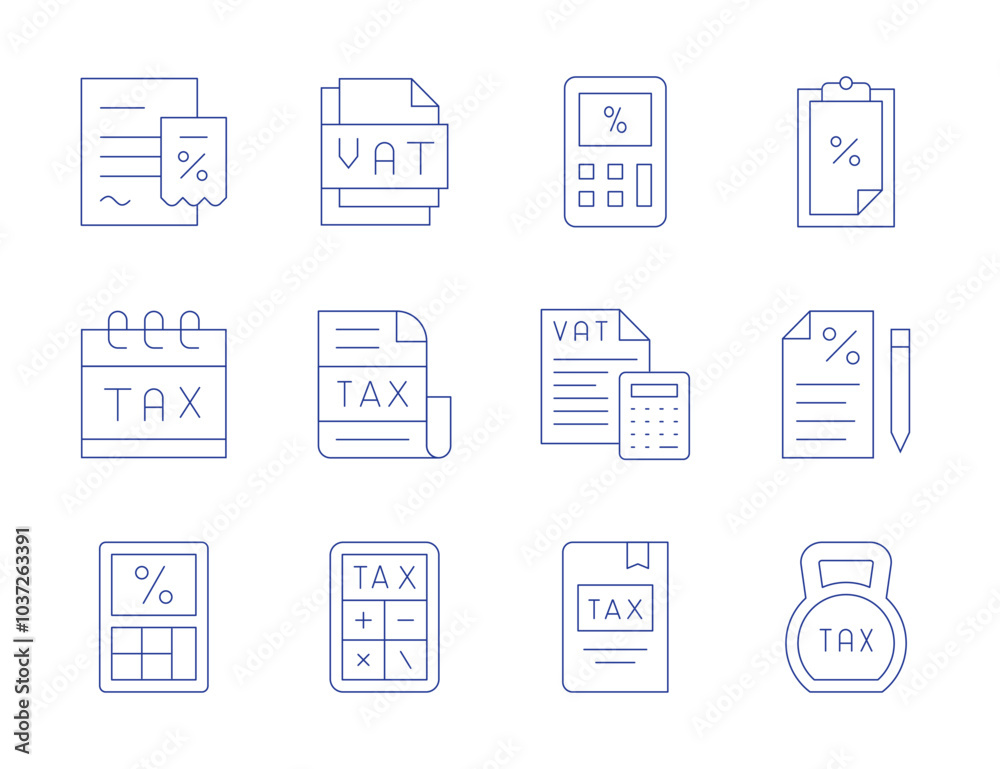 Tax icons. Thin Line style, editable stroke. vat, taxes, tax calculate, taxation, tax, inheritance, calendar, calculator, calculation, book Tax icons. Thin Line style, editable stroke. vat, taxes, tax calculate, taxation, tax, inheritance, calendar, calculator, calculation, book