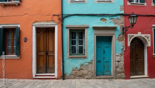 Charming row of colorful townhouses on cobblestone street