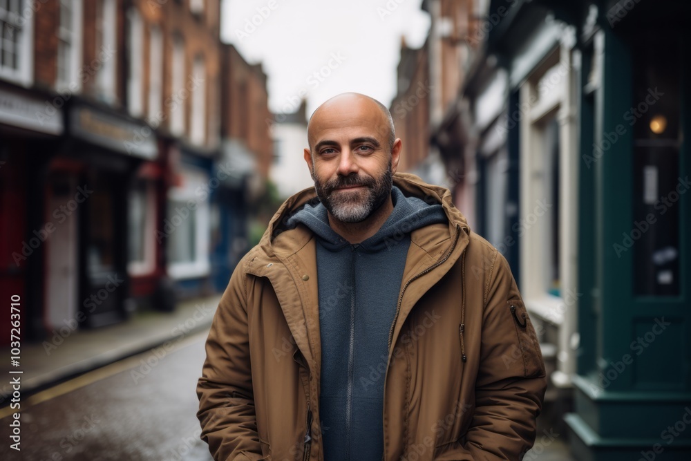 Portrait of a handsome middle-aged man with a beard and mustache in the city. He is wearing a brown coat and looking at the camera. Portrait of a handsome middle-aged man with a beard and mustache in the city. He is wearing a brown coat and looking at the camera.