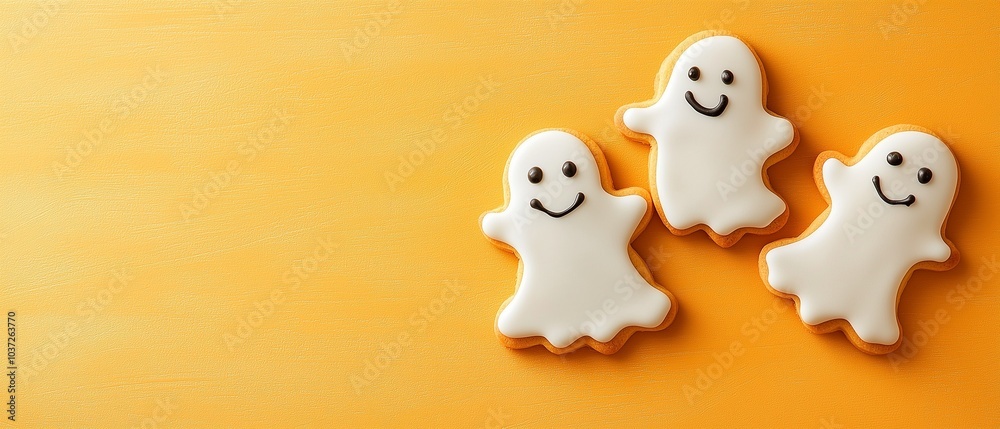 Three cute ghost-shaped cookies on a vibrant orange background, perfect for Halloween festivities and treats. Three cute ghost-shaped cookies on a vibrant orange background, perfect for Halloween festivities and treats.