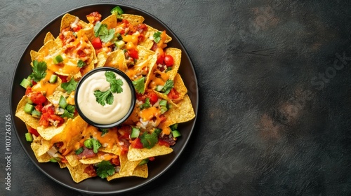 A vibrant plate of Mexican nachos features crispy corn chips topped with rich cheese sauce, diced vegetables, and fresh herbs. Generative AI