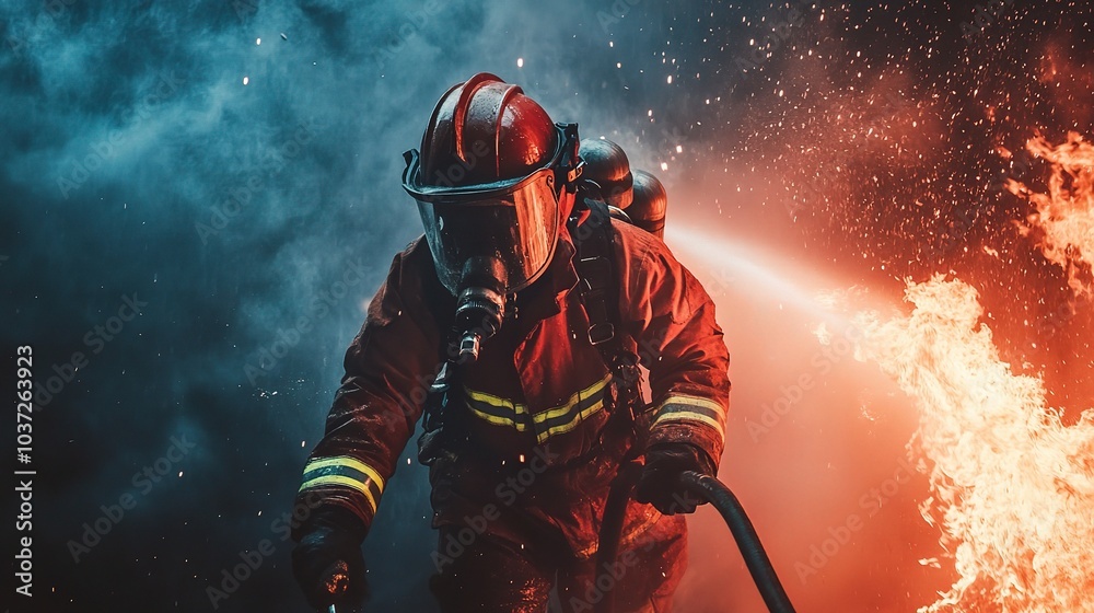 Fototapeta premium Intense Firefighter Action in Dynamic Environment