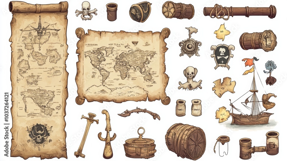 Naklejka premium old pirate map kit on white background