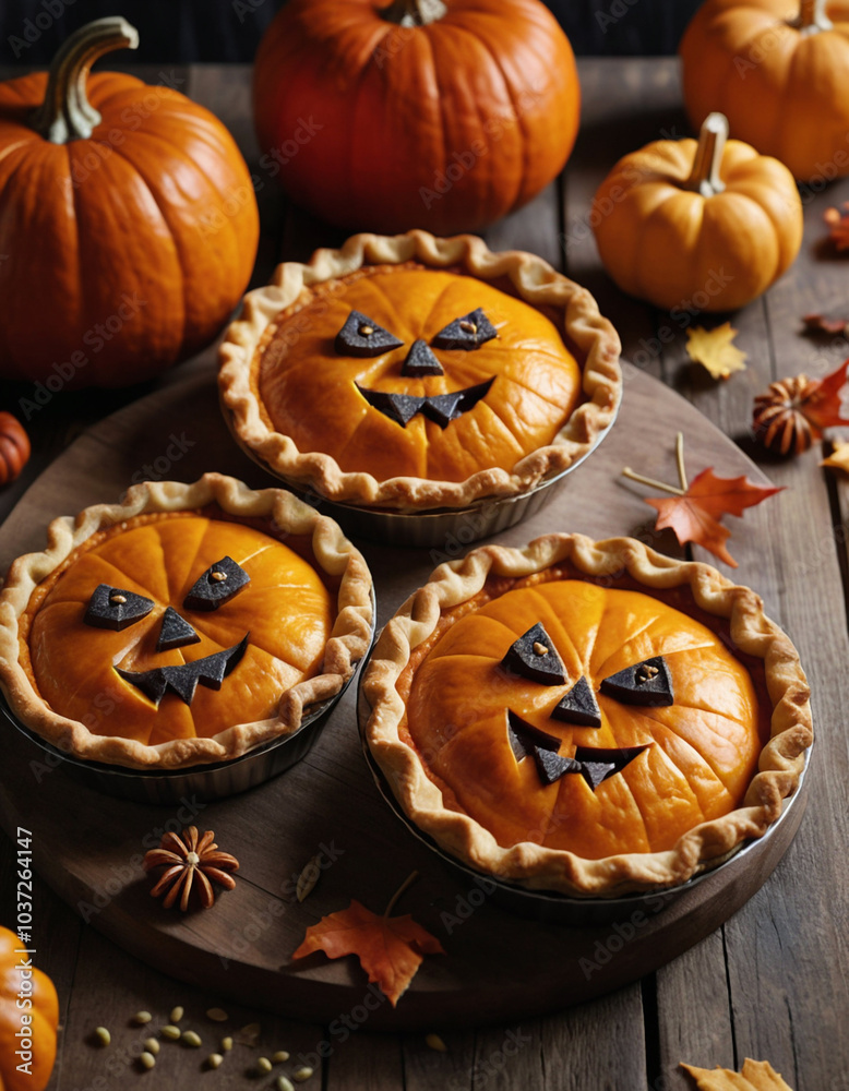 Baked Pumpkin Pies with Creepy Carved Expressions