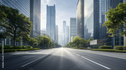 Pusty asfaltowy pas, który prowadzi przez nowoczesne miasto z imponującymi wieżowcami w tle. Wysokie budynki z przeszklonymi fasadami odbijają światło słoneczne, tworząc efektowną panoramę.
