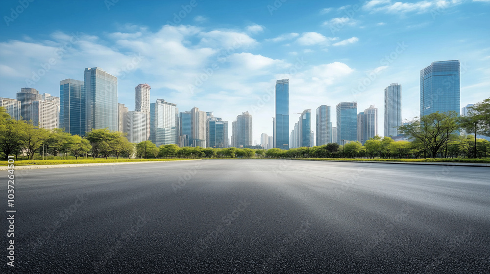 Obraz premium Pusty asfaltowy pas, który prowadzi przez nowoczesne miasto z imponującymi wieżowcami w tle. Wysokie budynki z przeszklonymi fasadami odbijają światło słoneczne, tworząc efektowną panoramę.