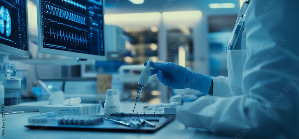 Scientist in a lab coat uses a pipette to transfer liquid into a test tube in a laboratory setting. Scientist in a lab coat uses a pipette to transfer liquid into a test tube in a laboratory setting.