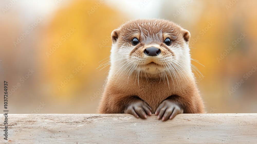 A curious otter peeks over a wooden surface with autumn leaves in the background. A curious otter peeks over a wooden surface with autumn leaves in the background.