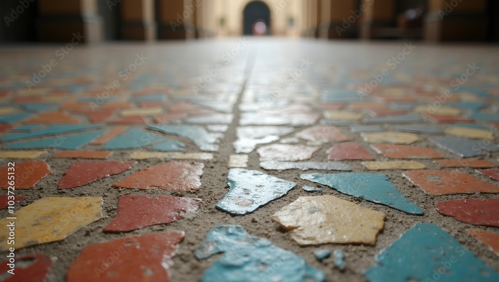 Naklejka premium Vibrant mosaic tiled floor in historic building aged with colorful geometric patterns