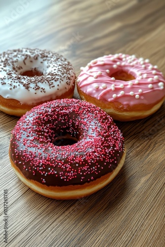 Delicious assorted donuts with sprinkles and icing displayed on a wooden table