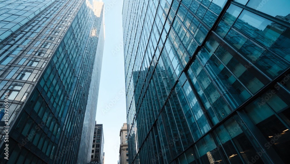 Fototapeta premium Modern office building with sleek mirrored facade reflecting cityscape