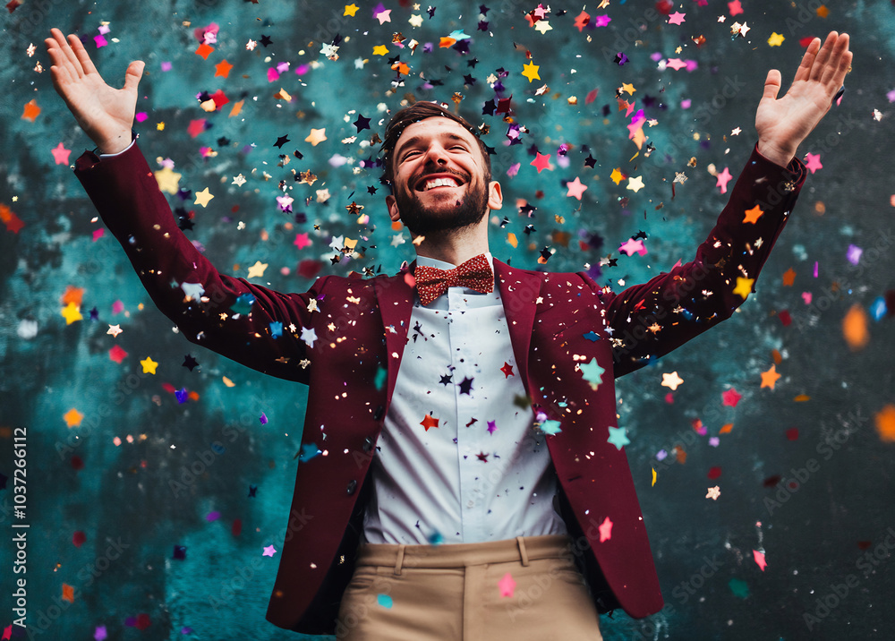 A joyful man in a stylish suit celebrates with colorful confetti in a vibrant setting during a festive event A joyful man in a stylish suit celebrates with colorful confetti in a vibrant setting during a festive event