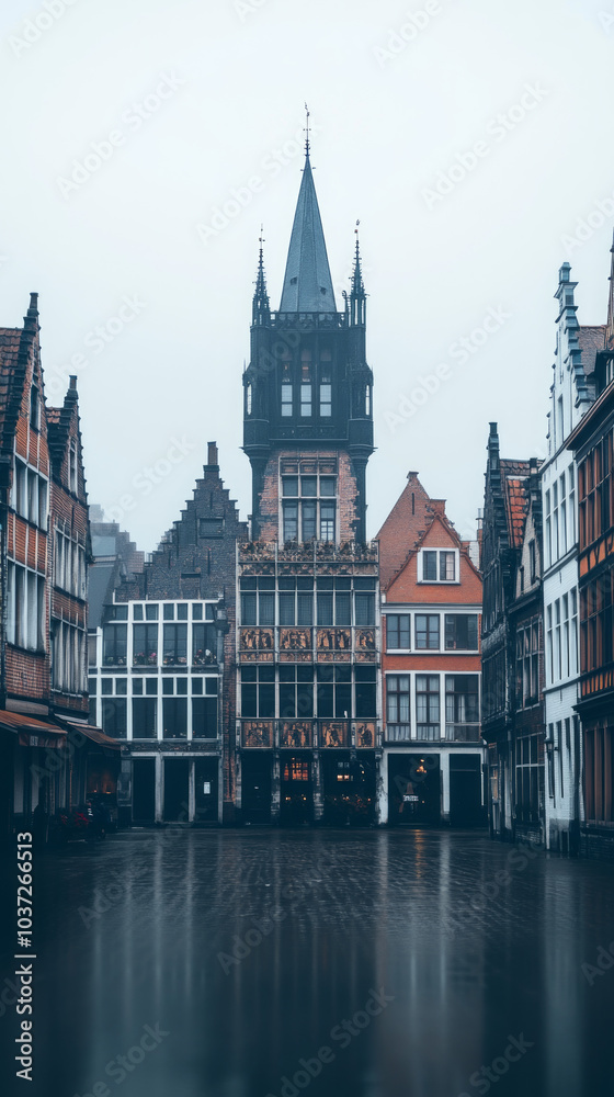 A tall, pointed spire dominates the skyline of a historic European city. A tall, pointed spire dominates the skyline of a historic European city.