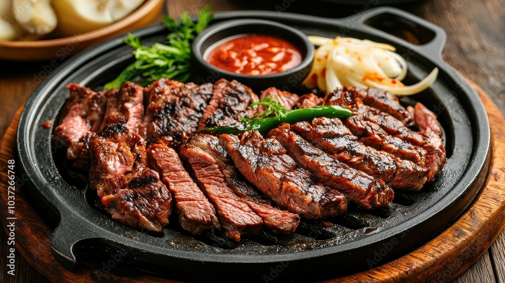 Grilled steak served on a sizzling platter with sauce and garnish. Grilled steak served on a sizzling platter with sauce and garnish.