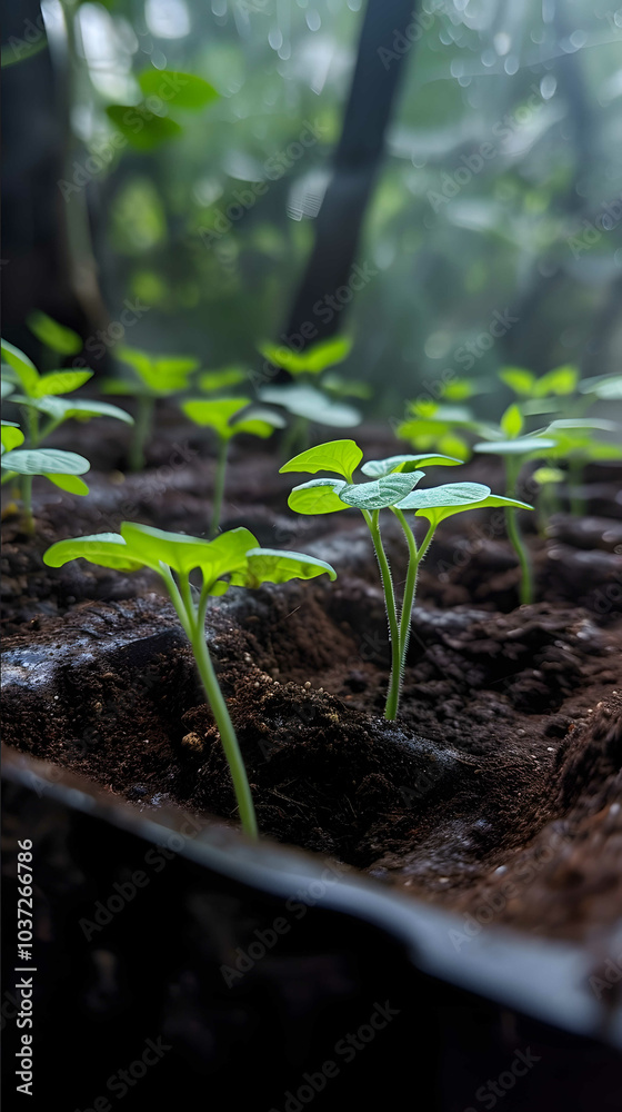 young, vibrant green plants sprouting from nutrient-rich soil, underscored by soft sunlight representing growth and development young, vibrant green plants sprouting from nutrient-rich soil, underscored by soft sunlight representing growth and development
