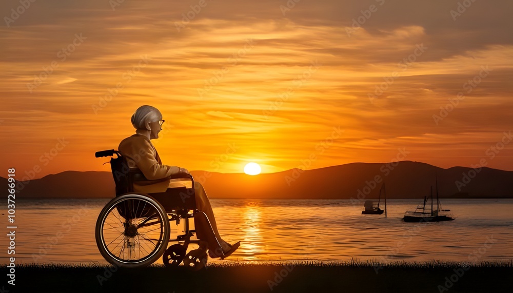 Fototapeta premium Old woman in wheelchair looking at the sunset