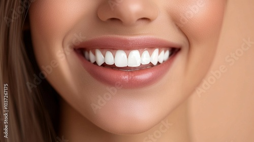  close-up view of a woman's smile, featuring her white teeth and glossy, well-cared-for lips.