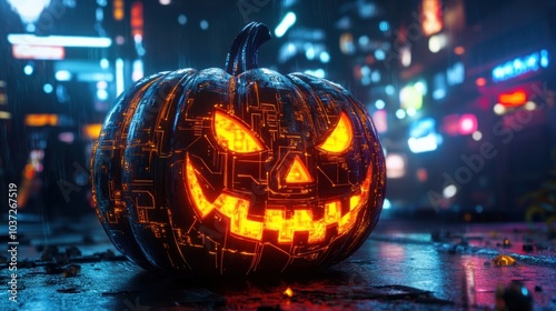 Wallpaper Mural A glowing pumpkin with a circuit-like design, set against a neon-lit urban backdrop. Torontodigital.ca