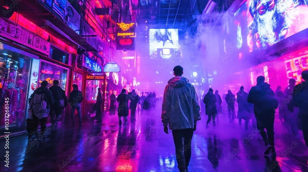 A vibrant urban scene with neon lights, fog, and people walking in a lively atmosphere. A vibrant urban scene with neon lights, fog, and people walking in a lively atmosphere.