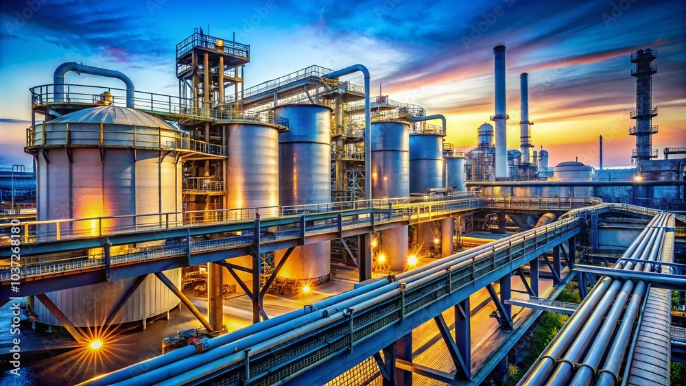 Fototapeta premium Industrial Landscape with Tanks and Bridge - Architectural Photography of a Large Industrial Area
