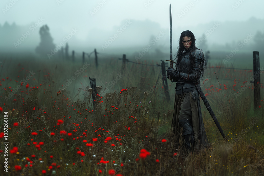 Beautiful medieval girl woman a warrior with the sword in hands standing among the meadow. Beautiful medieval girl woman a warrior with the sword in hands standing among the meadow.