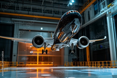 An aerospace engineer testing the aerodynamics of a plane in a wind tunnel, with the plane model suspended in the air photo