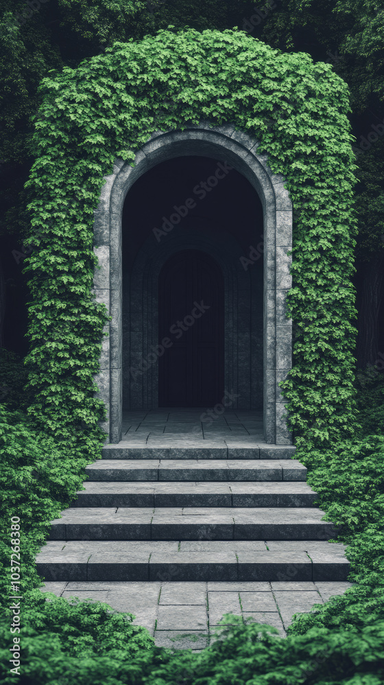 Obraz premium Stone archway overgrown with lush greenery leads to a mysterious hidden path.