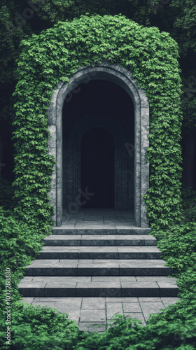 Stone archway overgrown with lush greenery leads to a mysterious hidden path.