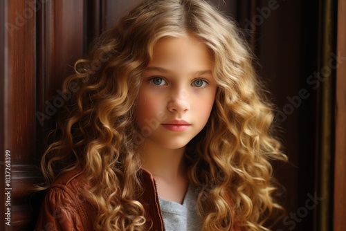 Portrait of a beautiful girl with long curly hair in a brown jacket