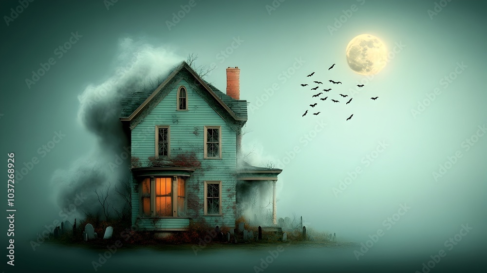 Haunting Victorian mansion shrouded in ghostly mist and eerie moonlight with crumbling walls broken windows and a swarm of bats in the dark sky set against a gloomy graveyard backdrop Haunting Victorian mansion shrouded in ghostly mist and eerie moonlight with crumbling walls broken windows and a swarm of bats in the dark sky set against a gloomy graveyard backdrop