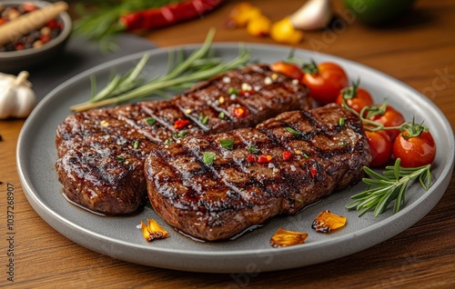 Juicy grilled steak served on a rustic plate with fresh herbs and ripe cherry tomatoes