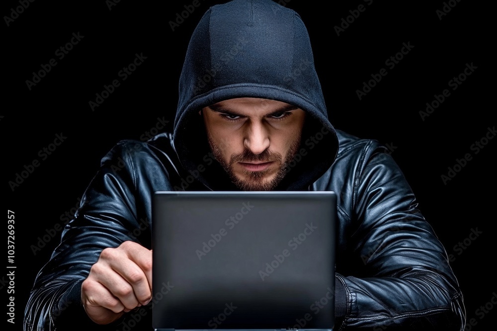 Black hat hacking, shown with a hacker using advanced technology to launch cyberattacks on a corporate system Black hat hacking, shown with a hacker using advanced technology to launch cyberattacks on a corporate system