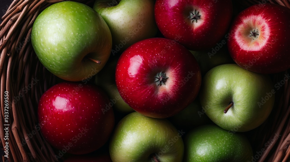 A basket filled with green and red apples, viewed from above. A basket filled with green and red apples, viewed from above.