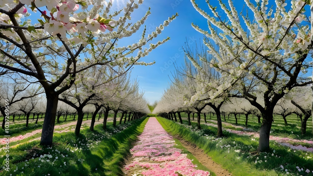 Fototapeta premium A beautiful orchard in springtime, with apple trees in full blossom, their pink and white flowers creating a sea of color under a bright blue sky