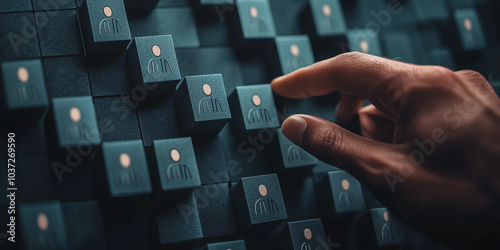 A close-up of a hand selecting a wooden block with a human icon, representing choice, human resources, or networking in a business or organizational context photo