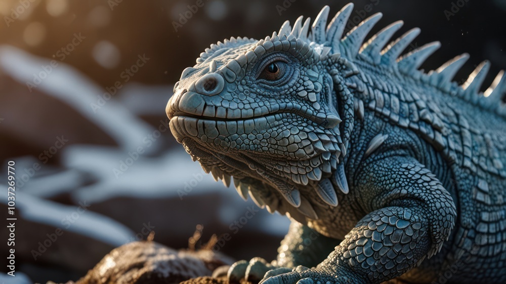 Fototapeta premium A close-up portrait of a blue iguana, a reptile native to the Caribbean, with a blurred background.