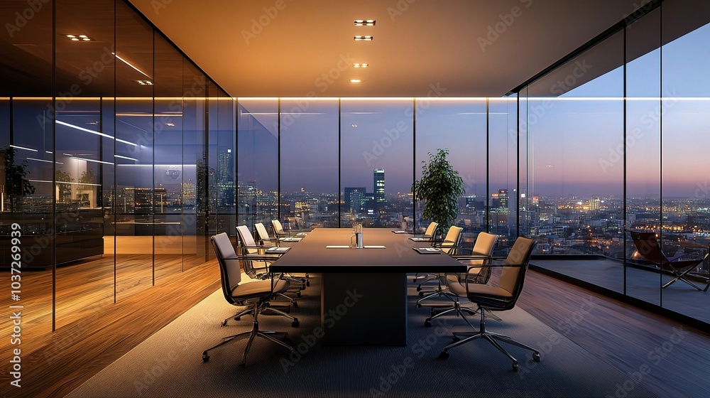 Fototapeta premium Modern Conference Room with City View at Dusk