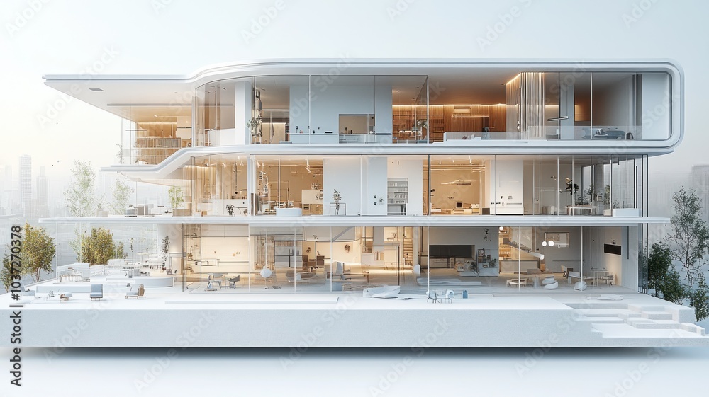 Modern architectural design showcasing a multi-level house. Modern architectural design showcasing a multi-level house.