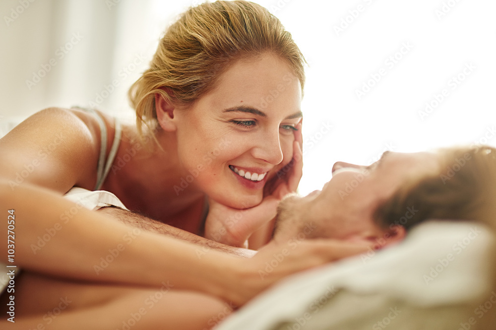 Smile, morning and love with couple in bedroom for romance, valentines day and marriage. Honeymoon, getaway and care with man and woman at home or staycation for anniversary retreat and relax Smile, morning and love with couple in bedroom for romance, valentines day and marriage. Honeymoon, getaway and care with man and woman at home or staycation for anniversary retreat and relax