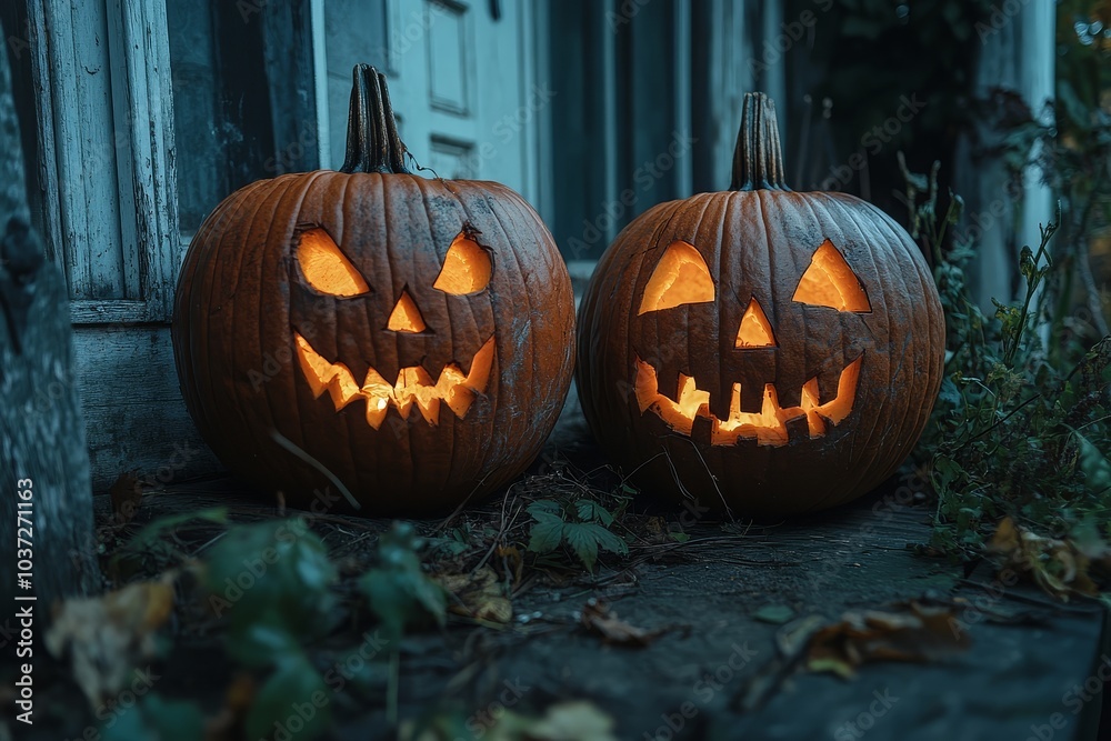 Halloween pumpkins with carved faces on the porch of an old house at night, featuring a Jack-o'-lantern with sharp teeth and greenery. Cinematic atmosphere. Halloween pumpkins with carved faces on the porch of an old house at night, featuring a Jack-o'-lantern with sharp teeth and greenery. Cinematic atmosphere.