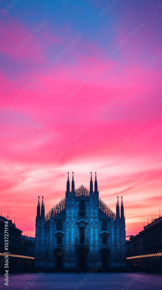 Obraz premium A majestic cathedral stands tall against a vibrant pink and blue sunset.