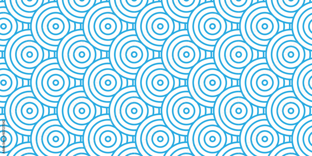 Abstract Overlapping Pattern. Seamless geometric ocean spiral pattern and abstract circle wave lines. blue seamless tile stripe geomatics create retro square line backdrop pattern background.