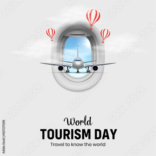 Vector illustration of World Tourism Day social media post. Travel to know the world. Airplane, air balloon.