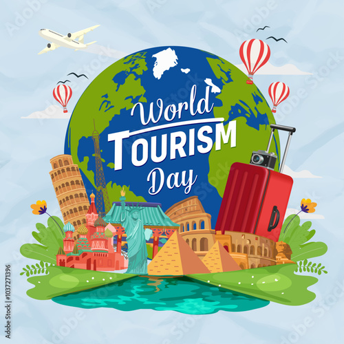 Vector illustration of World Tourism Day social media post. Travel to know the world. Airplane, Statue of Liberty, pyramid, travel luggage vector.