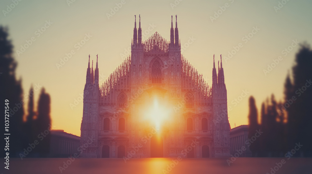 Fototapeta premium A stunning sunset bathes the facade of a grand cathedral in golden light.