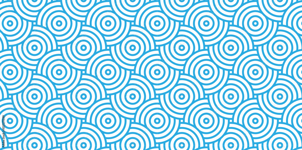 Abstract Overlapping Pattern. Seamless geometric ocean spiral pattern and abstract circle wave lines. blue seamless tile stripe geomatics create retro square line backdrop pattern background.
Abstract Overlapping Pattern. Seamless geometric ocean spiral pattern and abstract circle wave lines. blue seamless tile stripe geomatics create retro square line backdrop pattern background.
