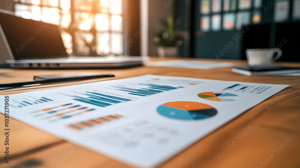 A close-up of a printed report on a wooden desk, displaying colorful graphs and charts, with a laptop and coffee cup in the background. A close-up of a printed report on a wooden desk, displaying colorful graphs and charts, with a laptop and coffee cup in the background.