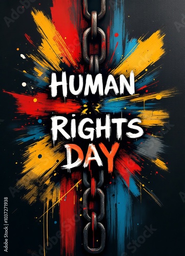 Human rights day celebration with colorful paint splashes and chain symbol