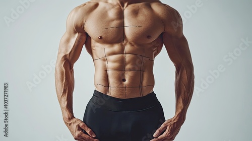 Hand, drawing and marker outline for six pack and transformation treatment on studio Hand, drawing and marker outline for six pack and transformation treatment on studio background