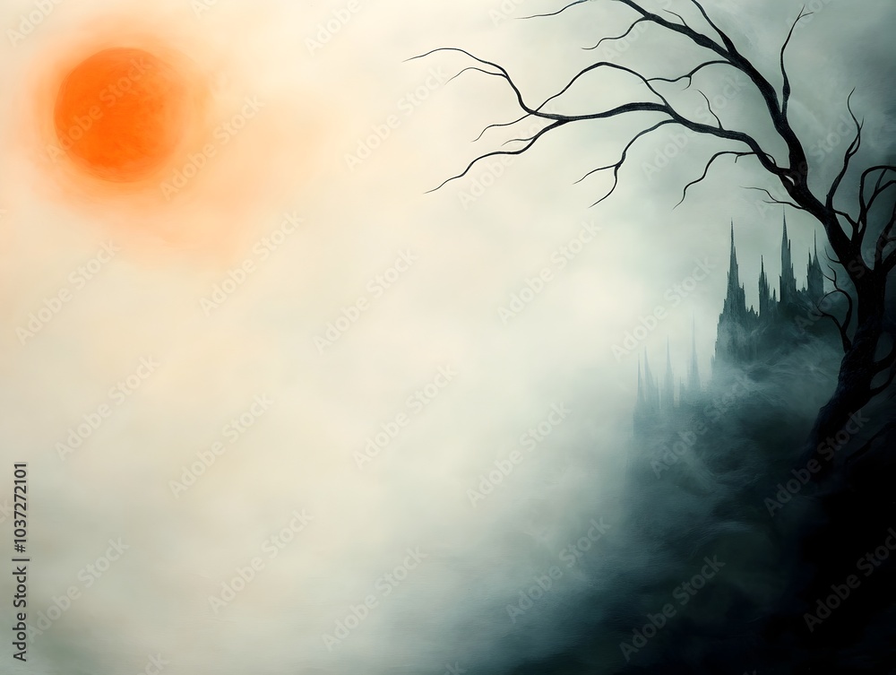 Haunting Halloween landscape with a medieval castle shrouded in mist and illuminated by an eerie full moon gnarled and twisted bare tree branches creating a foreboding presence Haunting Halloween landscape with a medieval castle shrouded in mist and illuminated by an eerie full moon gnarled and twisted bare tree branches creating a foreboding presence